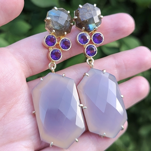 Kanupriya Jewelry - Kanupriya sterling silver 925 gold gemstone dangle long earrings purple